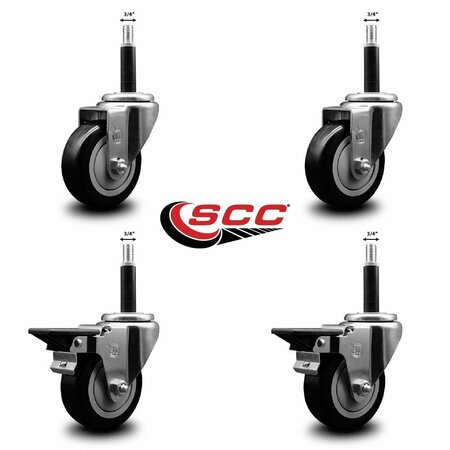 Service Caster 3.5'' Black Poly Wheel Swivel 3/4'' Expanding Stem Caster Set 2 Brakes, 4PK SCC-EX20S3514-PPUB-BLK-2-PLB-2-34